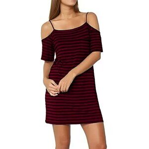 NWT Bailey 44 Red Black Stripe Stretch Cold Shoulder Jersey Shirt Shift Dress M